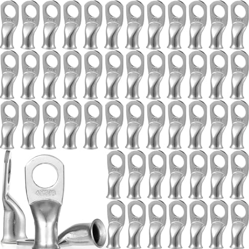 Otoolling 50 Pcs 4 Awg - 3/8 (m10) Tinned Copper Wire Lugs Heavy Duty Copper Battery Lugs Tubular Ring Terminals Battery Cable Ends Ring Connectors for Automotive Marine Solar