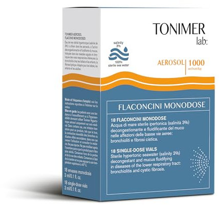 Tonimer Aerosol 1000-18 viales monodosis - Agua de mar estéril hipertónica (salinidad 3%) - Descongestionante y diluyente del moco - Apto para bebés, niños y adultos