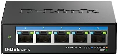 D-Link DMS-105 5-Port Multi-Gigabit Unmanaged Desktop Switch (5x 2,5G Ports, Lüfterlos, Low Profile, Kompakt, Metal Gehäuse, QoS, Plug and Play)