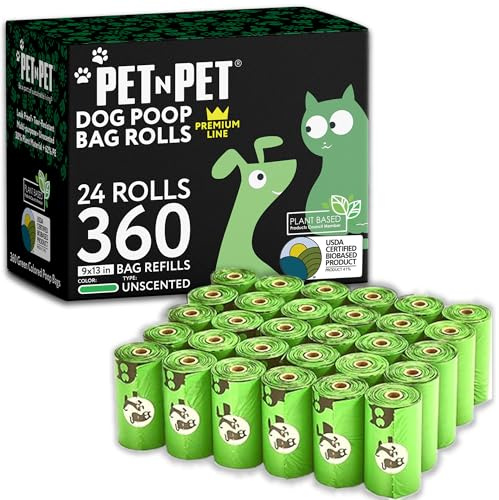 PET N PET Premium Bolsas de Caca Perro, 360 Bolsas, 24 Rollos, Bolsas para Excrementos Perros, Resistentes y a Prueba de Fugas, Bolsas Caca Perros Sin Perfume, 41% Base Biológica