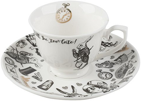 V&A Tasse et soucoupe en porcelaine fine Alice au pays des merveilles, blanc avec motif classique d'Alice au pays des merveilles et détails en or, coffret cadeau de luxe avec ruban