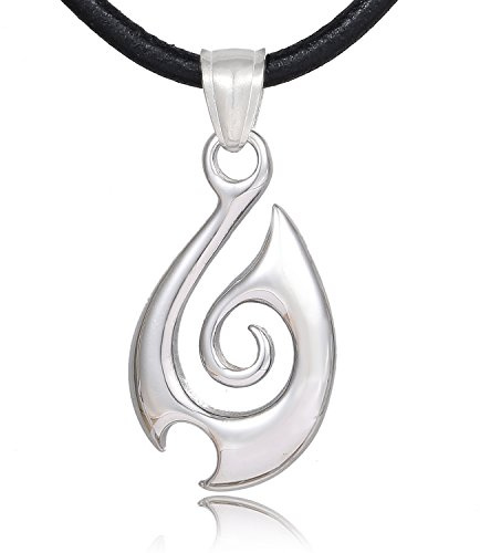 DonDon Collana da Uomo in Cuoio Pelle 50 cm con Pendente in Acciaio Inossidabile Maori Tribal Icona Pesce Amo