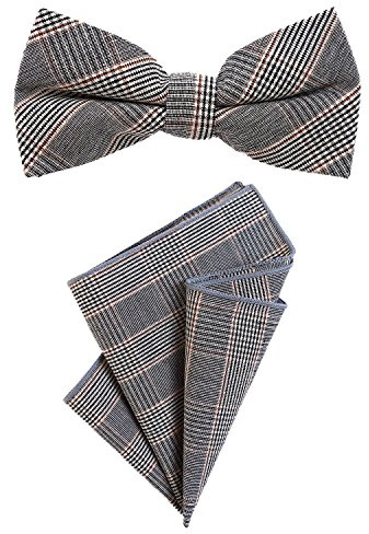 DonDon herrfluga 12 x 6 cm med matchande näsduk 23 x 23 cm båda gjorda av bomull i tweed-look grå-brun rutig
