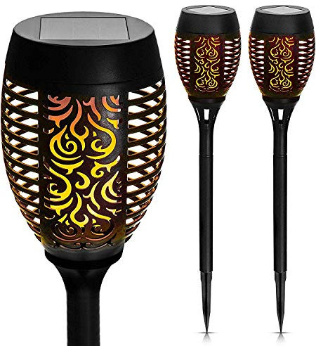 Garden Mile® - Juego de 4 antorchas solares con efecto de llama, con llama parpadeante, patrón tribal, luces de jardín, luces de jardín, iluminación de patio exterior, moderna antorchas Tiki (4)