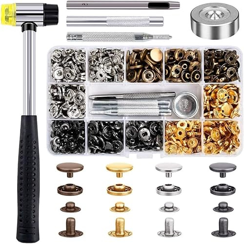 Qfun 120 Stück Druckknopf Set mit Hämmer Fixierwerkzeug Kit 4 Farbe Leder Druckknöpfe für 12mm Kupfer Druckknöpfe Metall für Leder Handwerk Jacke Brieftasche Handtasche