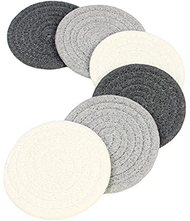 Casaphoria Untersetzer für Getränke, Vintage Gewebte Untersetzer für Tischschutz, Wasserabsorbierende Untersetzer Set, Handgemachte Geflochtene Stoffuntersetzer Hitzebeständig (Dunkelgrau, Beige, 6)