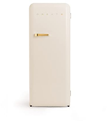 CREATE / RETRO FRIDGE 150 GOLD/Réfrigérateur blan cassé avec poignée dorée et congélateur 281L / 102W, faible consommation, 150 cm, 3 étagères, régulateur de température, 60x60x150 cm