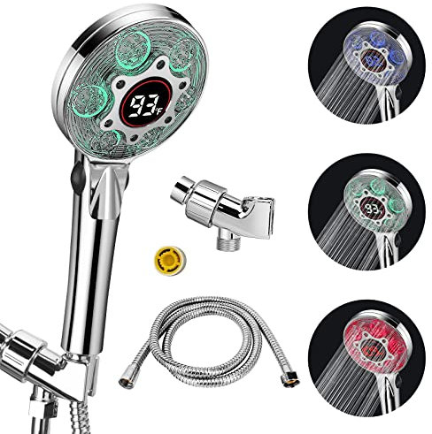 LED Shower Head with Handheld, Color Changing, Shower Head High Pressure with Water Temperature Display, Water Saving Spray Showerheads with 59 Hose and Shower Bracket for Low Water Pressure, Chrome