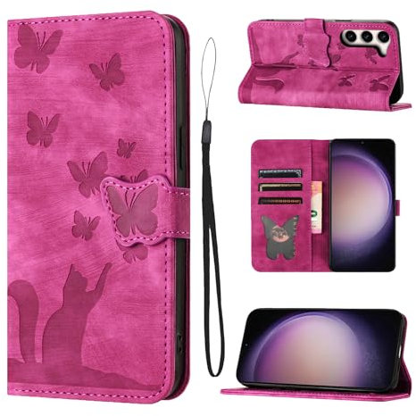 LSPCASA Custodia a portafoglio per Samsung Galaxy S23 con motivo gatto e farfalla, in pelle PU, rosa rosa, con scomparti per carte di credito e funzione di supporto