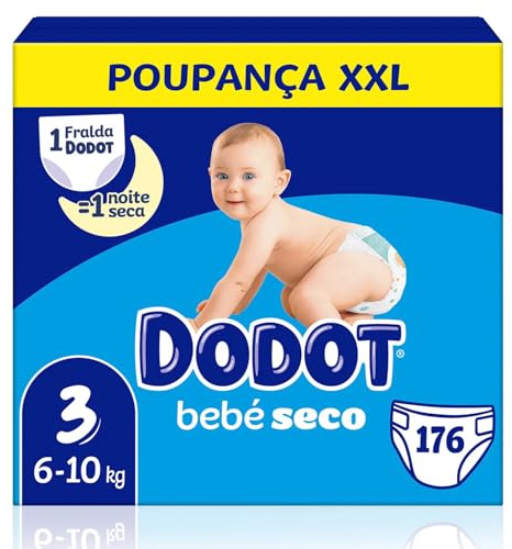 Dodot Pañales Bebé-Seco Talla 3, 6-10kg, 176 Pañales con Protección Antifugas, Pack Mensual