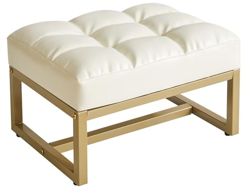 Aibiju Small Footstool Ottoman, Rectangle Faux Leather Footstool with Gold Metal Frame, Change Shoes Stool for Living Room, Bedroom, Entryway Office, White YD-JD139W