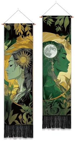 PLIGREAT 2 Pack Sun Moon Tapestry with Tassels, Aesthetic Goddess Art Wall Hanging Vertical Green Plants Home Wall Tapestry for Bedroom Living Room Long Narrow Decor, 52 x 13/130 x 33cm
