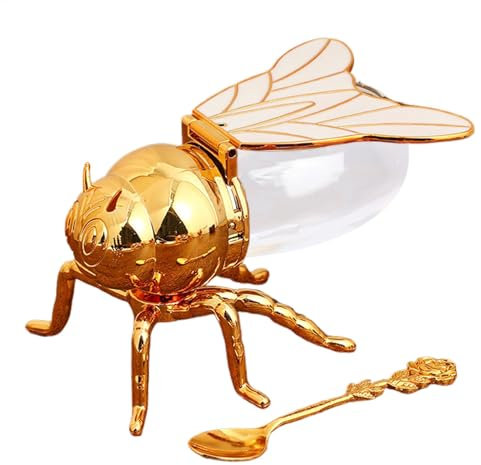 Reflimand Bee Honey Jar, Decorative Bee Shaped Honey Container, Cute Condiment Pot with Spoon, Syrup Dispenser, Sugar Holder Bowl, for Tea Leaves Spices Kitchen Home, Housewarming Gift
