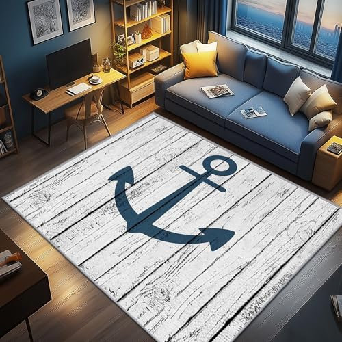 AevuCub Maritim Deko, Nautische Anker Teppich 120x160 Kurzflor, Teppich Wohnzimmer Rustikale Holzoptik, Weich rutschfest Waschbare Teppiche, Bettvorleger Schlafzimmer Kinderzimmer