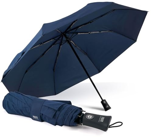 PERLETTI Paraguas Plegable Automático Hombre - Paraguas Compacto Abre y Cierra de Viaje Cortaviento Ligero - Paraguas Hombres Resistente Portátil Abertura Automática - Diámetro 104 cm (Azul Navy)