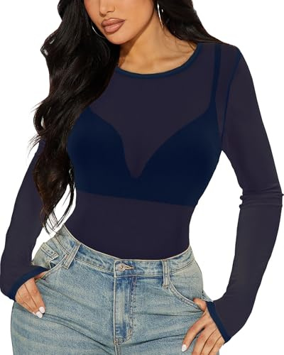 Womens Mesh Top Long Sleeve Crew Neck Sheer Shirt See Through Blouse | soft mesh fabric, stretchy and breathable, trendy streetwear, layering piece for parties and clubs