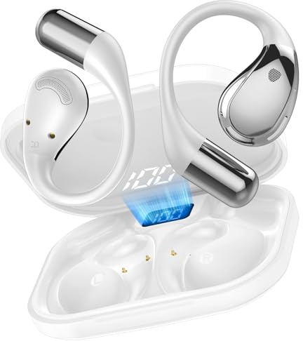 Cascos lnalámbricos Bluetooth V6.0 Hi-Fi Estéreo, Llamada ENC HD, Auriculares inalambricos Deportivos, 40H Auriculares Oreja Abierta con Gancho, IPX7 Impermeable Auriculares para Sport/Running, Blanco