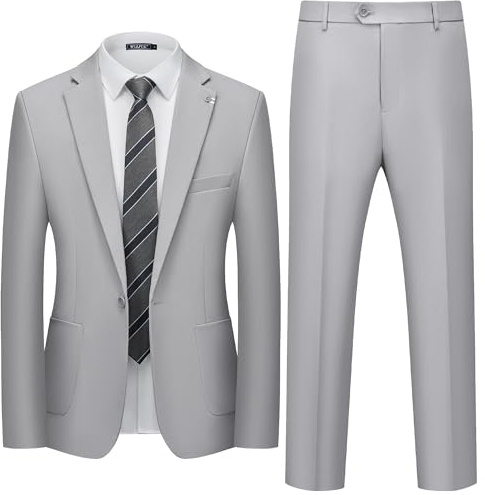 WULFUL Men's 2 Piece Slim Fit Suit Set One Button Blazer Jacket Pants Set Light Gray