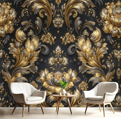 Papel Tapiz Fotográfico 3D Flores Volutas Con Estampado Barroco Decoraciones, 400Anx280Al cm Oro Papel Pintado Panorámico, Murales Decoración Pared para Cuarto de Niño Salón Oficina
