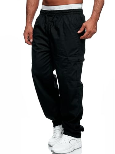 Pantaloni cargo da uomo, da combattimento, lavoro, casual, con coulisse in vita, con tasche, Nero , M