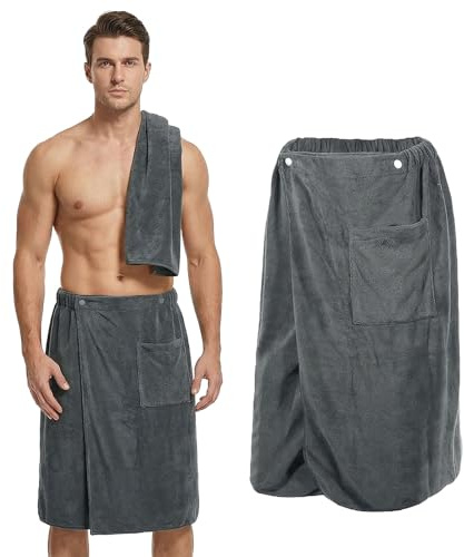 Toalla de sauna para hombre, 140 x 70 cm, tamaño ajustable, de microfibra con botón de presión, toalla de secado rápido, para gimnasio, ducha, sauna, playa y piscina (gris)