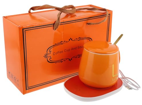 BESTYASH Calentador Eléctrico de Taza Térmica Naranja con Calentamiento Automático, Set Práctico USB 5v para Bebidas Calientes, Contenedor de Desayuno Adecuado para Oficina y Hogar,