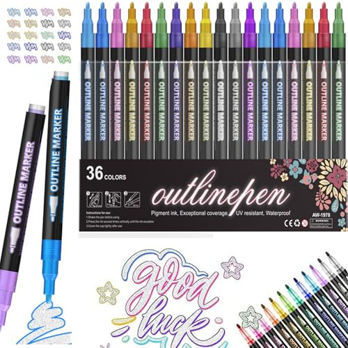 Dreamy Sparkle Dual-Line Contour Pen, 12/24/36/48 Colors Self Outlining Glitter Markers, Double Line Super Squiggles Glitter & Metallic Markers for DIY Art Crafts and Greeting Card (36 Colors)