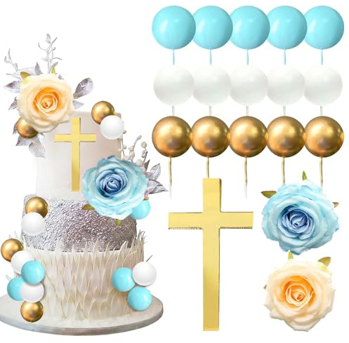 Décorations de Gâteau de Communion, 18 PCS Baptême Décoration de Gâteau, avec Cake Topper Bapteme Croix Dorée, Fleurs Artificielles et Boules, pour Communions, Baptêmes, Anniversaires (Bleu)