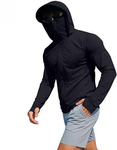 Sweat à capuche pour homme avec protection solaire UPF 50+ avec masque intégral zippé, protection UV, chemise de pêche, séchage rapide, veste d'été pour randonnée, course à pied