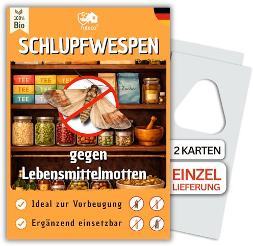 Futeco® Schlupfwespen gegen Lebensmittelmotten - 2 Karten à 1 Lieferung zur effektiven Bekämpfung - biologische Alternative zur Mottenfalle oder Pheromonfalle