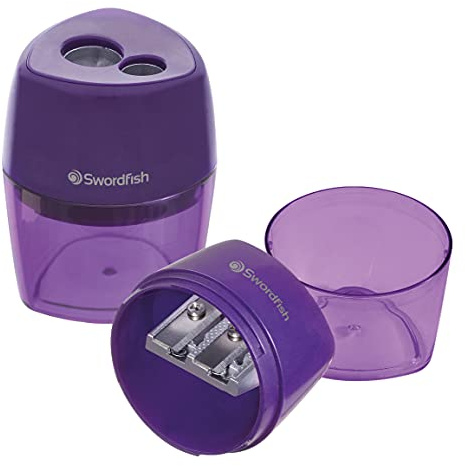 Swordfish ‘Double-Hole Click’ Metal Core Pencil Sharpener with Mess-Free Canister [Pack of 1] 40378 Purple