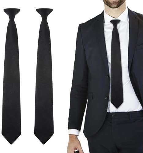 2pcs Black Tie for Men's, Clip-on Ties Solid Uniform Pre-tied Adjustable