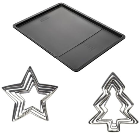 Zenker 9987550 Ensemble plaque à pâtisserie extensible avec 5 emporte-pièces étoiles et 5 emporte-pièces sapins, biscuits de Noël, sapin, étoiles, Acier Inoxydable, Noir, Inox, De 9,5 à 52 cm