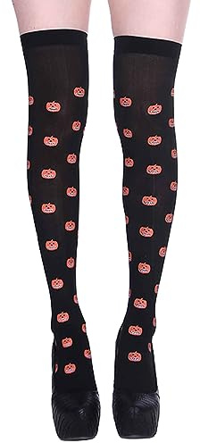NAUZE Calcetines altos de Halloween por encima de la rodilla con patrón de calabaza, medias largas hasta el muslo para niñas y mujeres, Negro, talla de un talla alto