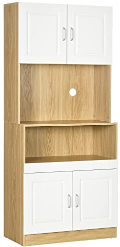 HOMCOM Mobile Dispensa Alto in Truciolato Bianco e color Legno a 4 Ante con Armadietti e Ripiano Aperto, per Cucina e Soggiorno, 80x40x180 cm