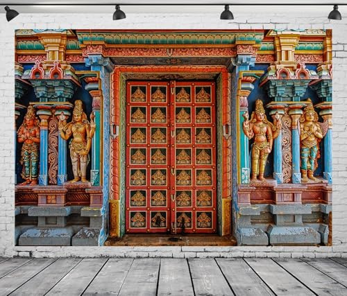 CORFOTO 2,1 x 1,5 m tyg färgglad Indien tanjore tempel dörrbakgrund gammal Indien religion byggbakgrunder för indiska festdekorationer vuxna fotorekvisita