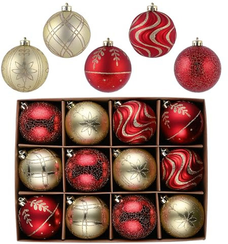 Valery Madelyn Weihnachtskugeln,12stück 8cm Christbaumkugeln Weihnachtskugel mit Geschenkpaket, Weihnachtsbaumschmuck Christbaumschmuck mit Aufhänger,deko Weihnachten ,Thema Rot Gold