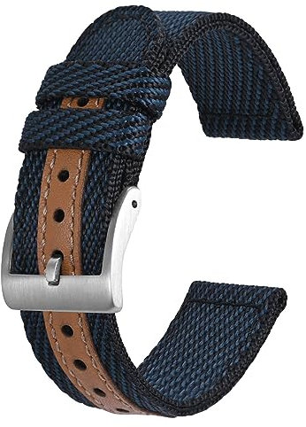 BISONSTRAP Sportliche Nylon Uhrenarmband, Militär Uhrenarmbänder für Herren, 22mm, Blau mit Silberne Schnalle