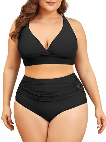 Century Star Bikini Damen Bauchweg Große Brüste Badeanzug V Ausschnitt Bademode Bauchkontrolle Bikini Sets High Waist Schwarze XL