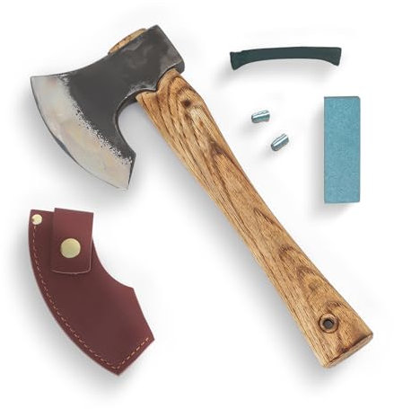 Hacha de Acampada de 12 Pulgadas,Hacha de Acero al manganeso 65,Hacha con Funda de Cuero para Cortar árboles y leña,Uso de Emergencia,Acampada al Aire Cortar Huesos Grandes