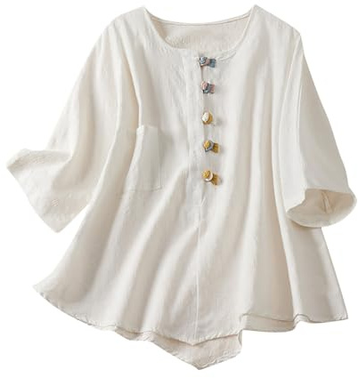 Maglietta Donna Curvy Lino Maglietta a Manica Corte da Donna Estiva Elegante Camicette Blusa con Scollo a V Maniche Corte Top Ricamo con Bottoni Decorativi Moda T-Shirt Maglietta Estate e Confortevole