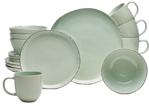 Van Well | Service combiné Urban 16 pièces vert pour 4 personnes au design moderne en grès avec bols à céréales, tasses à café, assiettes à dessert et assiettes plates