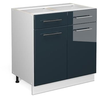 Vicco Küchenunterschrank Fame-Line, Dunkelblau Hochglanz/Weiß, 80 cm ohne Arbeitsplatte