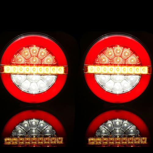 ETUKER 2x Fanali Posteriori Rimorchio Rotondo LED 12/24v 4Funzioni Impermeabile ECE R10 EMC Rimorchio Luce di Retromarcia Fari Posteriori