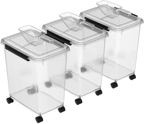 Cetomo 32 * 3 Récipient de rangement pour nourriture canine, conteneur hermétique avec roues et joint en silicone, bac de rangement en plastique pour chien, transparent, 32L*3 (12kg) (3 pelle)
