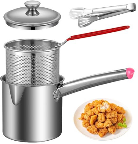 Trendecor Friteuse de 2 l, avec passoire, en acier inoxydable 304, filtre à huile, récipient à graisse, récipient à graisse avec clip et couvercle, récipient à graisse, en acier inoxydable, pour le