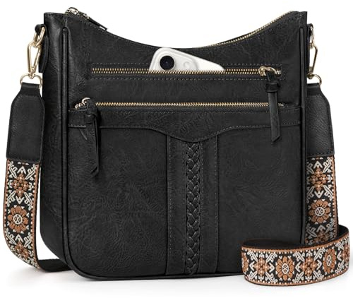 RAINSMORE Bolso Bandolera Mujer Cuero PU Bolso Mujer Bandolera con Correa Ancha Ajustable y Desmontable Bolso Cruzado Compras Trabajo Negro