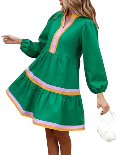 Womens Puff Long Sleeve Babydoll Dress V Neck Striped Color Block Tiered Mini Dresses Green