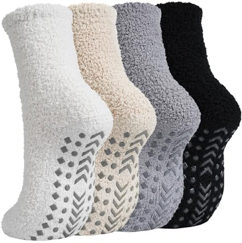 Caldodo Chaussettes Chaudes Antidérapantes Femmes Hiver, Chaussettes Chaussons Avec Poignées, Pilou Pilou et Moelleuse Chaussette Femme, 4 Paires