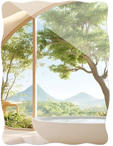 TSKDKIT Specchio da parete autoadesivo in vetro HD, decorativo senza cornice, 50 x 40 cm, grande con bordo ondulato per ospiti, WC, bagno, spogliatoio, soggiorno